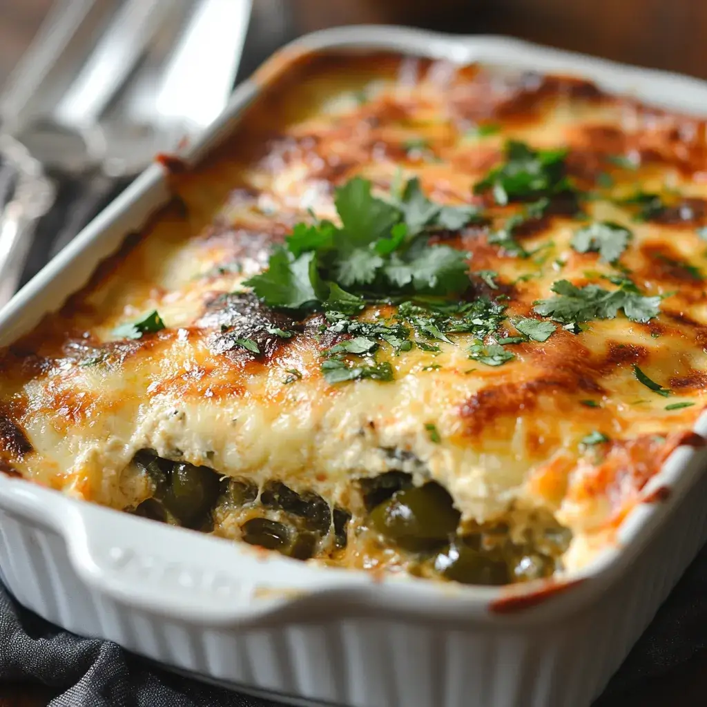 An elevated Chile Relleno Casserole topped with fresh pico de gallo, crumbled cotija cheese, and a drizzle of chili oil.