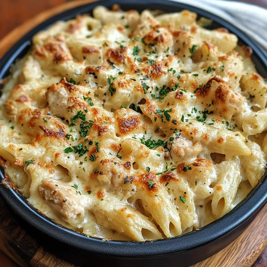 A large pan of Chicken Alfredo Bake served family-style with garlic bread and a side salad, perfect for gatherings.