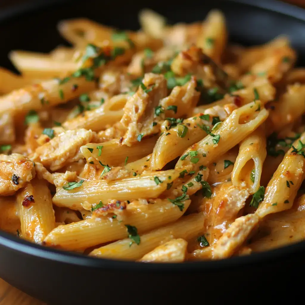A large serving of crack chicken penne pasta on a wooden board, garnished with extra shredded cheese and fresh parsley.