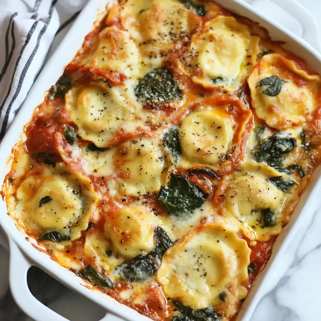 Simple yet indulgent ravioli bake made with store-bought spinach ravioli, canned tomato sauce, and shredded mozzarella cheese.