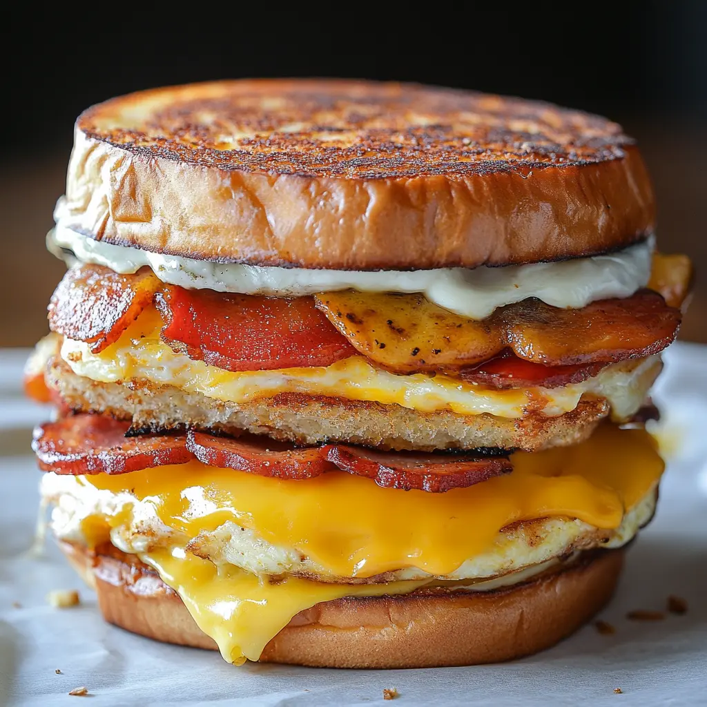 A showstopping breakfast sandwich topped with crispy bacon, sunny-side-up eggs, caramelized onions, and truffle aioli on a pretzel roll.