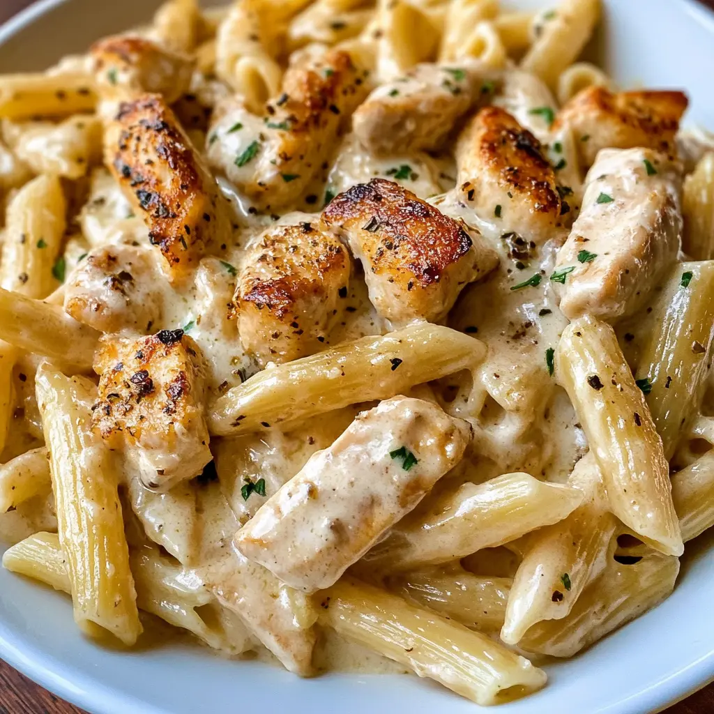 A creamy bowl of Chicken Alfredo Pasta with tender chicken, fettuccine noodles, and rich Alfredo sauce.