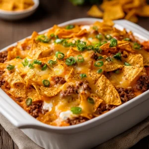 An innovative Doritos casserole featuring savory ground beef, creamy cheese sauce, and a crispy Doritos topping.