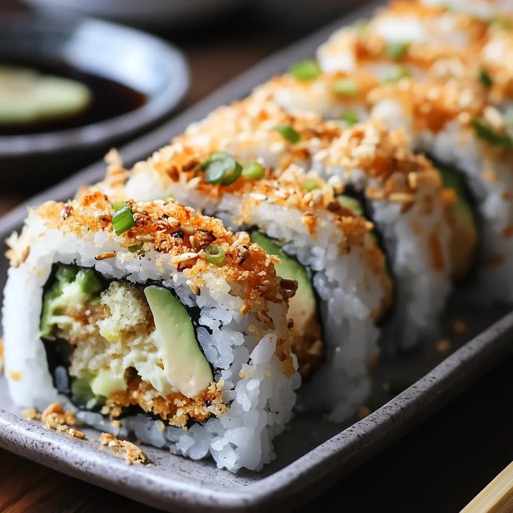 A beautifully presented California crunch roll sushi with avocado, crab, and crispy tempura flakes.