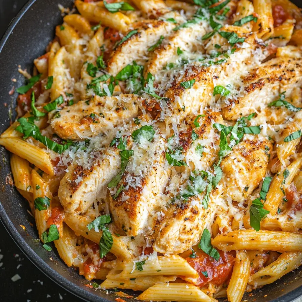 An elevated plate of Chicken Parmesan Pasta featuring fresh basil, homemade marinara, and premium mozzarella.