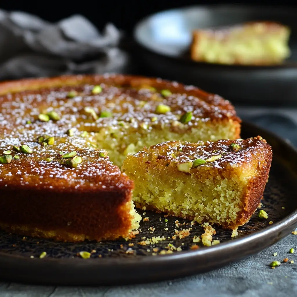A festive pistachio gooey butter cake served at a party, garnished with fresh berries and whipped cream.