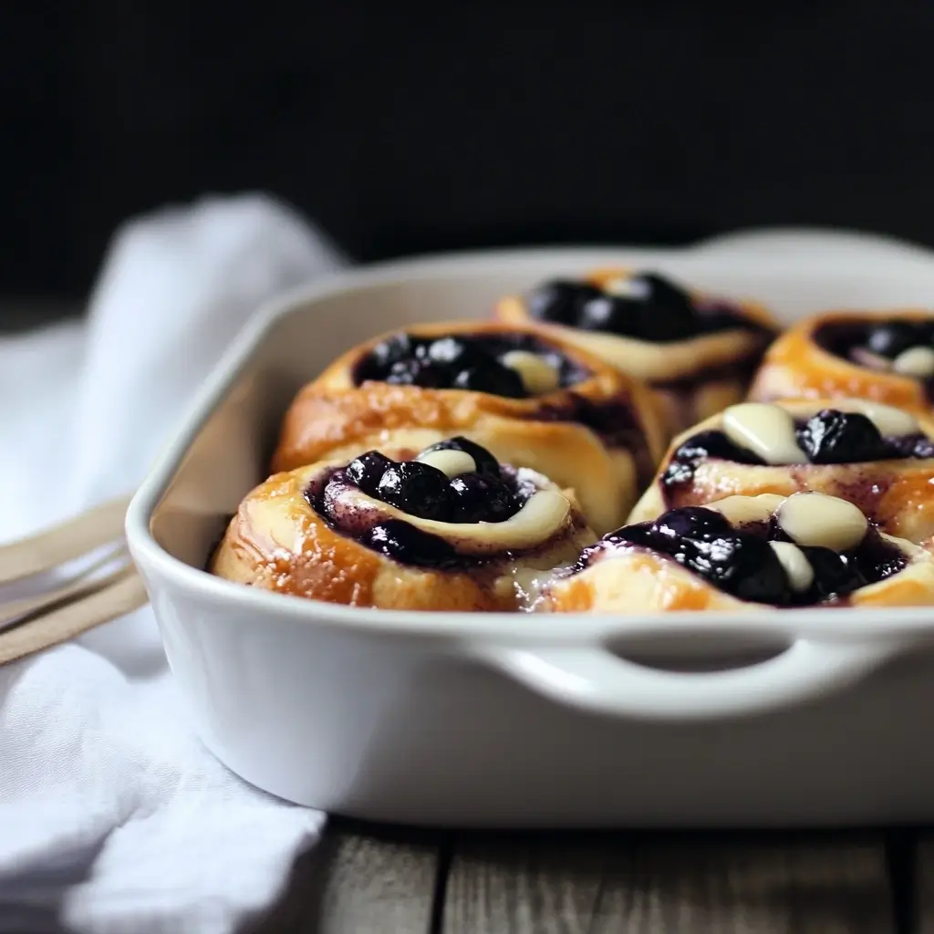 A stack of freshly baked blueberry cinnamon rolls served on a rustic wooden board, ideal for weekend brunch.