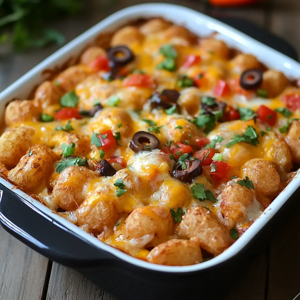 A large pan of Mexican tater tot casserole served alongside cornbread and a fresh salad, ideal for family dinners.