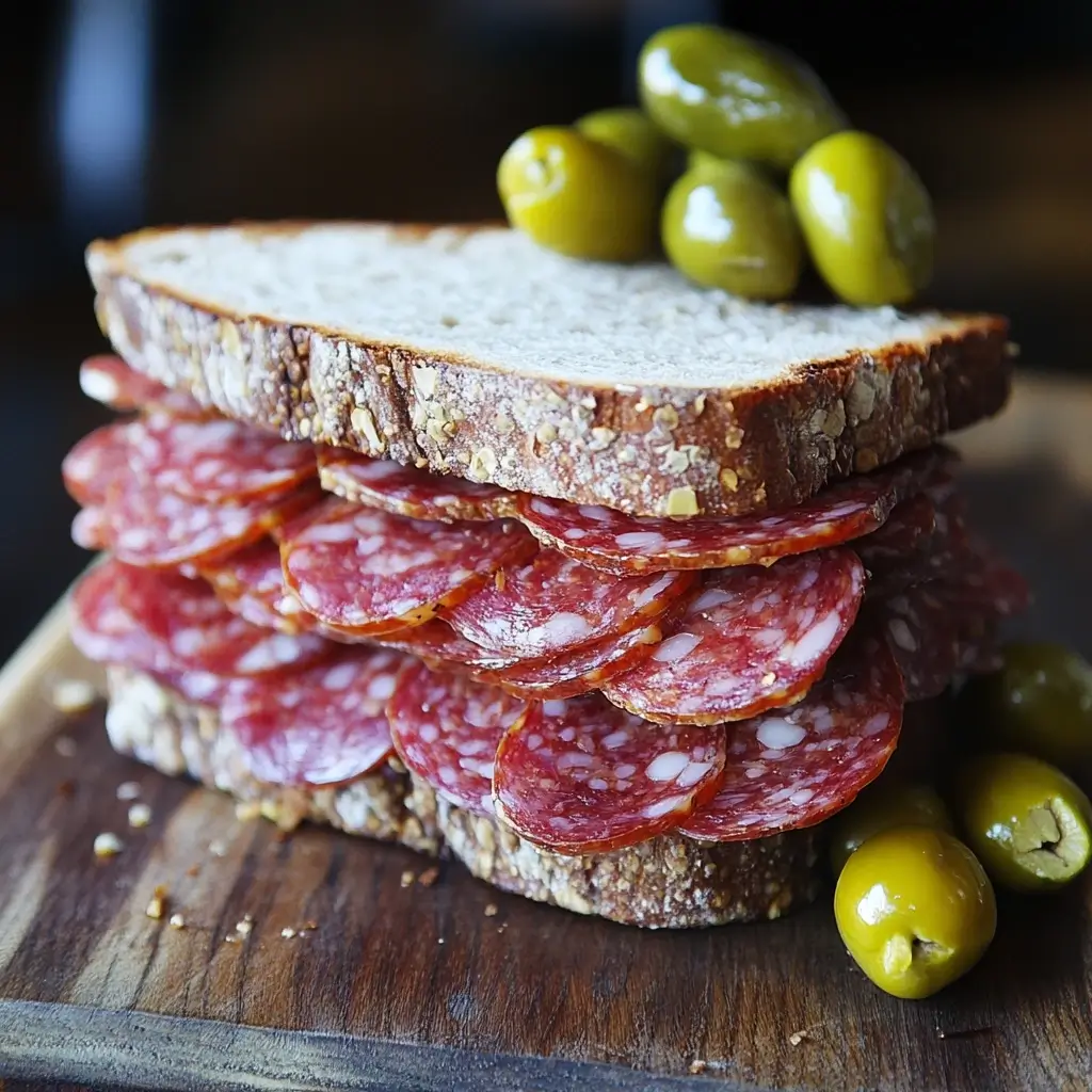 A platter of assorted salami sandwiches served alongside chips, fruit, and cookies, perfect for family gatherings.