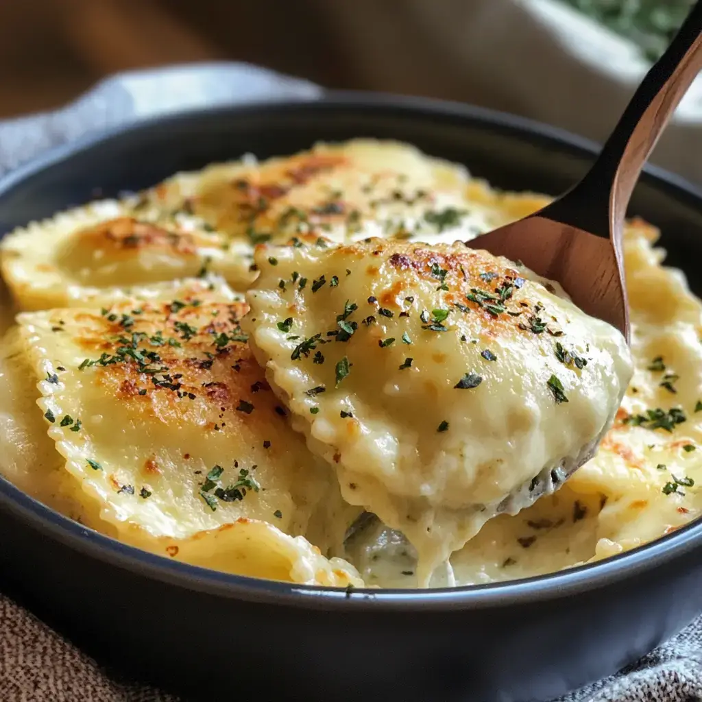 An elegant serving of lazy lasagna ravioli garnished with grated Parmesan, fresh parsley, and a drizzle of olive oil.