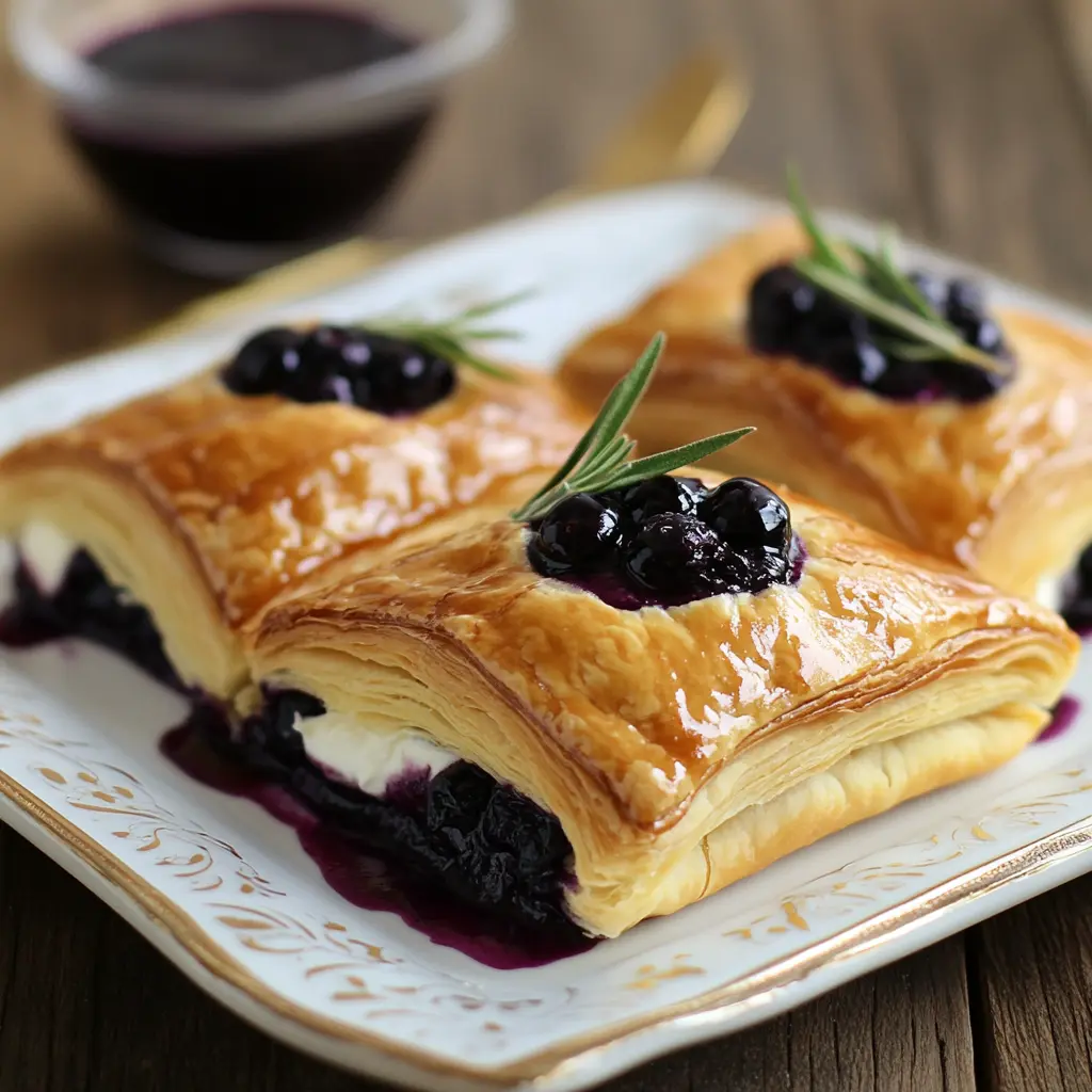 A platter of blueberry cream cheese puff pastries served at a party, garnished with powdered sugar and fresh mint leaves.