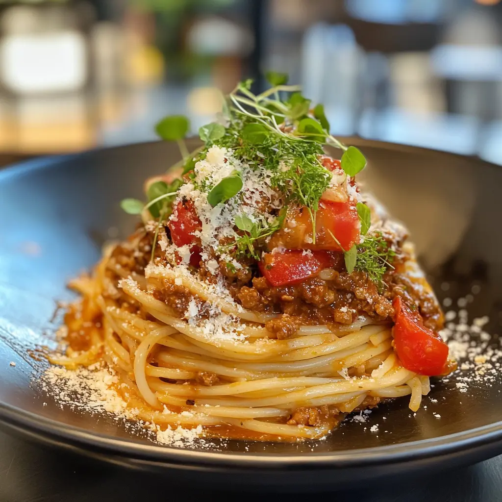 A large bowl of spaghetti bolognese served family-style with garlic bread and a side salad, perfect for gatherings.