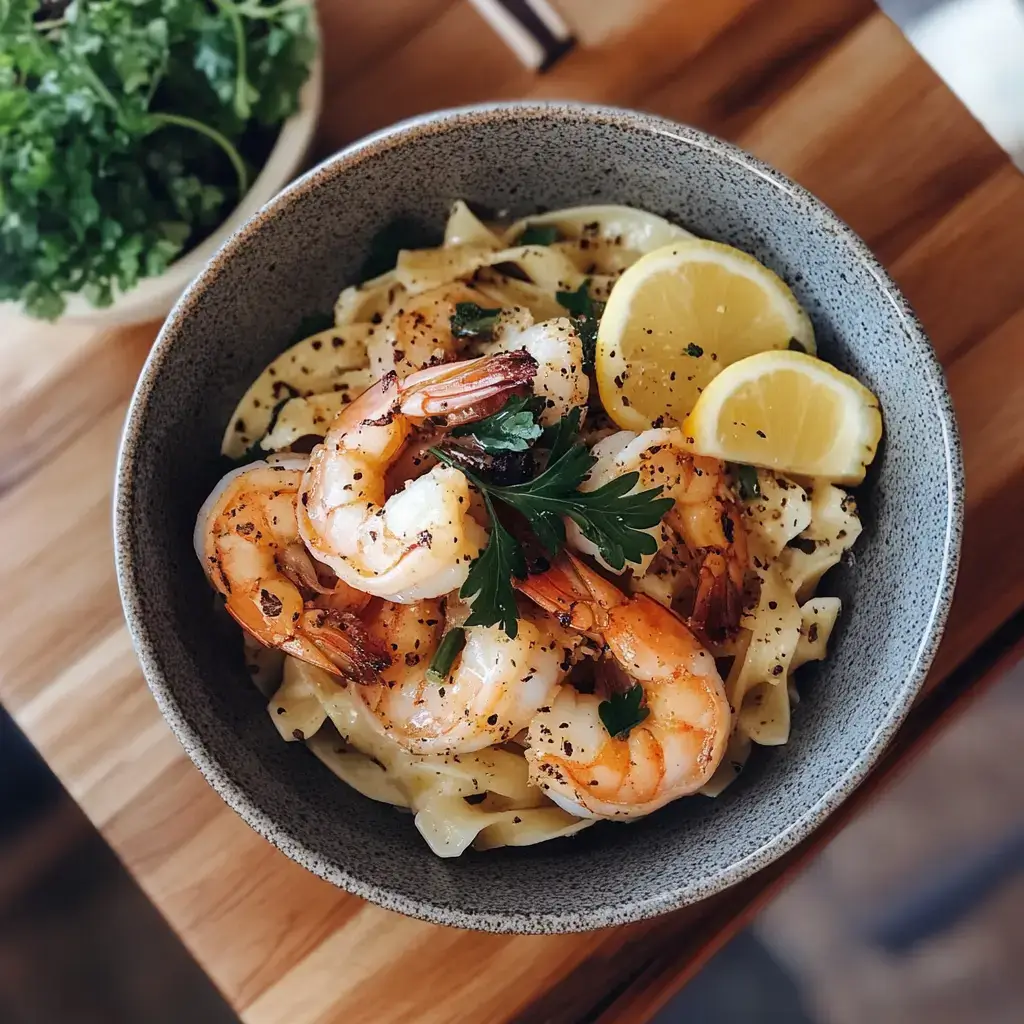 A bowl of Lemon Garlic Shrimp Pasta with tender shrimp, al dente pasta, and fresh parsley, drizzled with lemon juice.