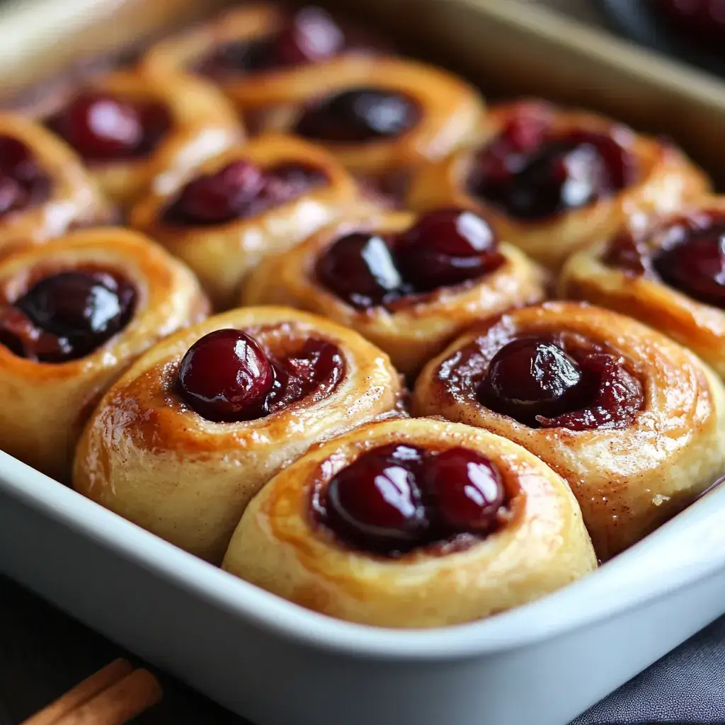 A festive platter of cherry cinnamon rolls served alongside hot cocoa and holiday decorations, perfect for celebrations.