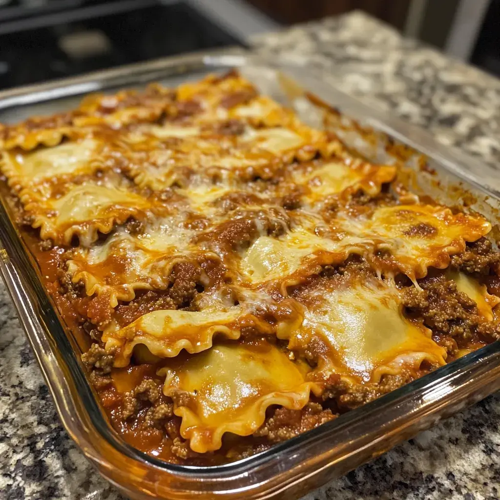 A platter of baked lazy lasagna bites made with frozen cheese ravioli, served with marinara dipping sauce, perfect for sharing.
