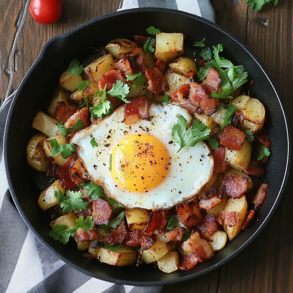 A large skillet of bacon, egg, and potato hash served family-style with toast and a side salad, ideal for gatherings.