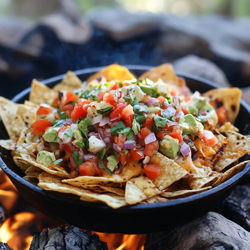 Step-by-step process of assembling campfire nachos with chips, cheese, and toppings.