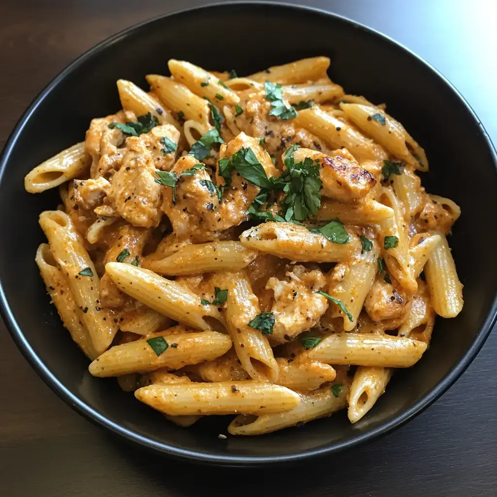 A bowl of slow-cooker crack chicken penne pasta with steam rising from the top.