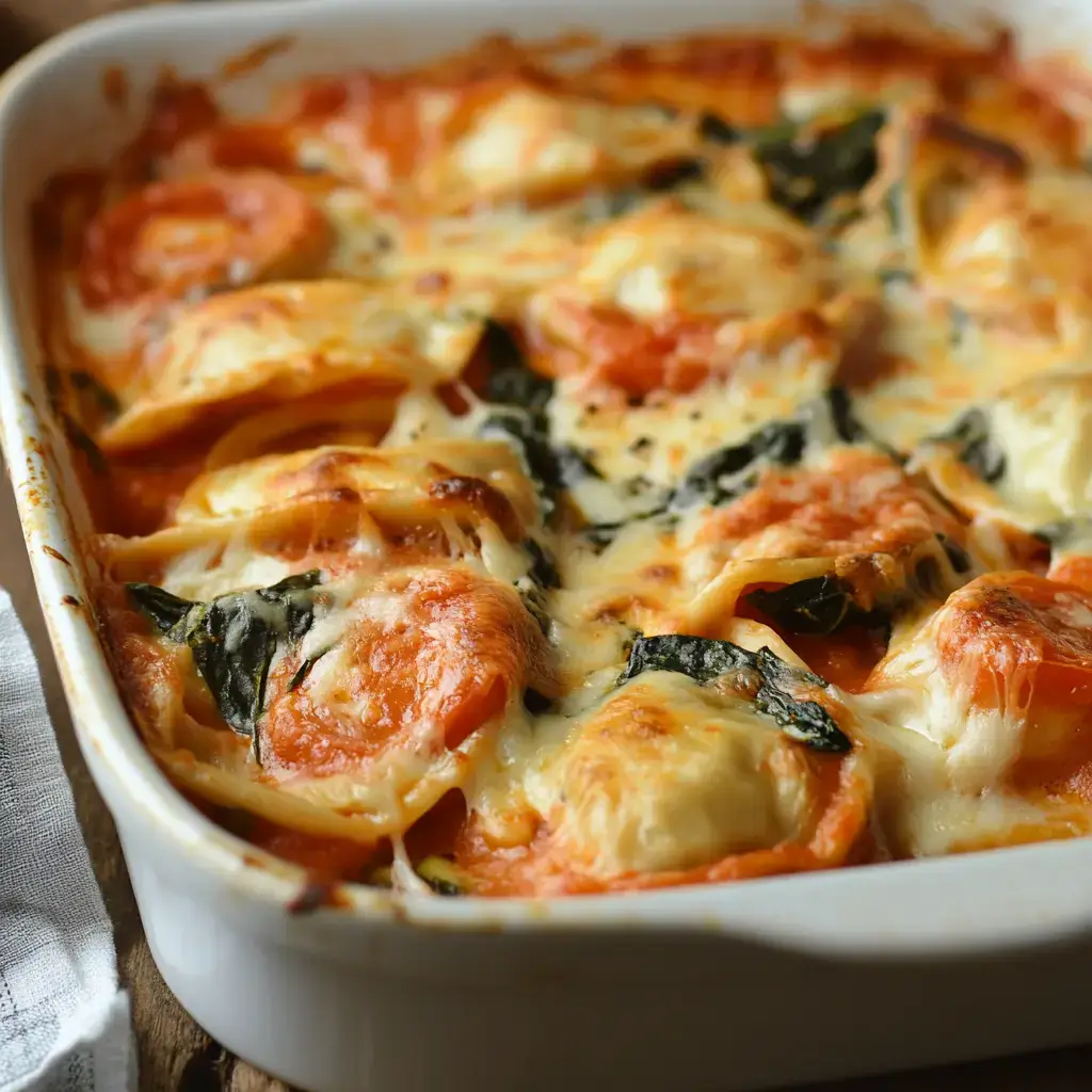A deliciousEasy Tomato Spinach Ravioli Bake