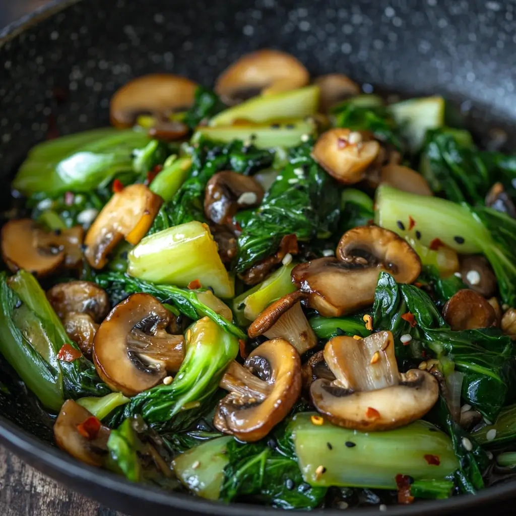 A vibrant stir fry featuring crisp bok choy, tender mushrooms, and a savory garlic-ginger sauce in a skillet.