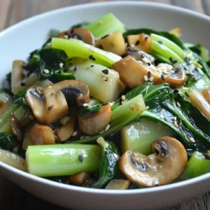 A savory stir fry with bok choy, tender mushrooms, and a garlic-ginger sauce, served in a skillet.