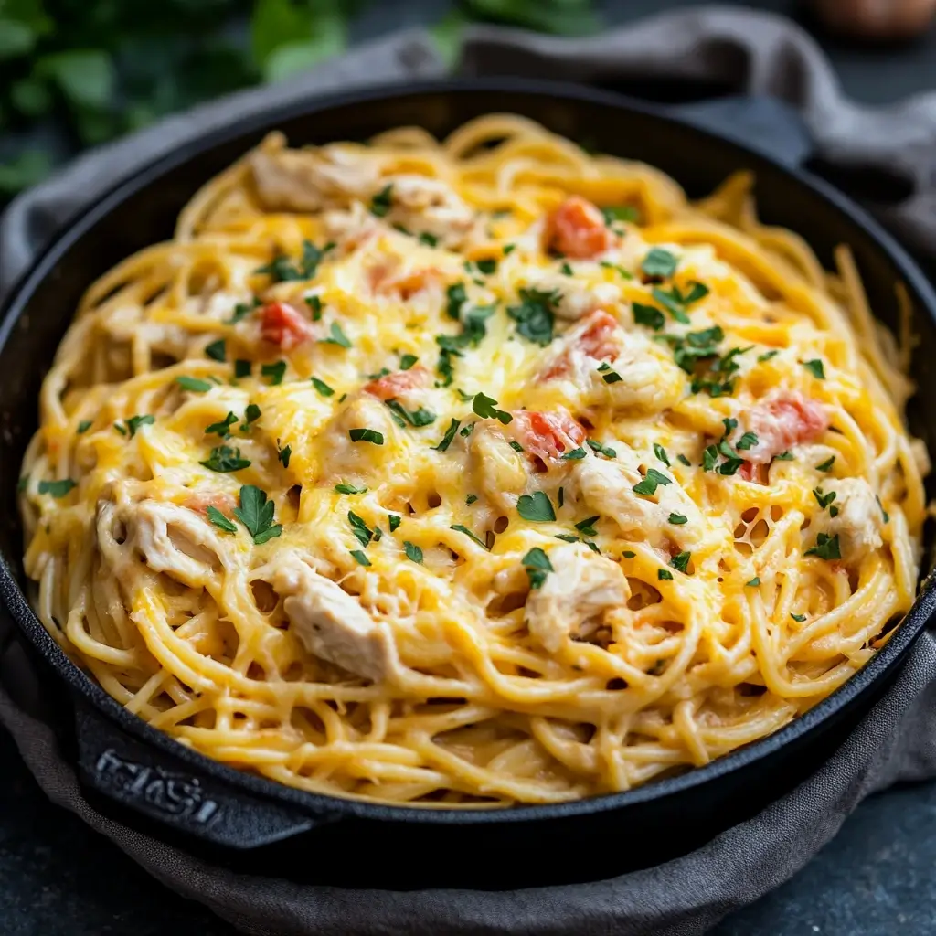 A hearty serving of cheesy chicken spaghetti with a creamy sauce and melted cheese on top, served in a bowl.