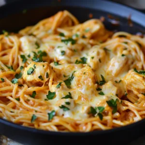 A bowl of cheesy chicken spaghetti with creamy sauce and melted cheese, garnished for a delicious look.