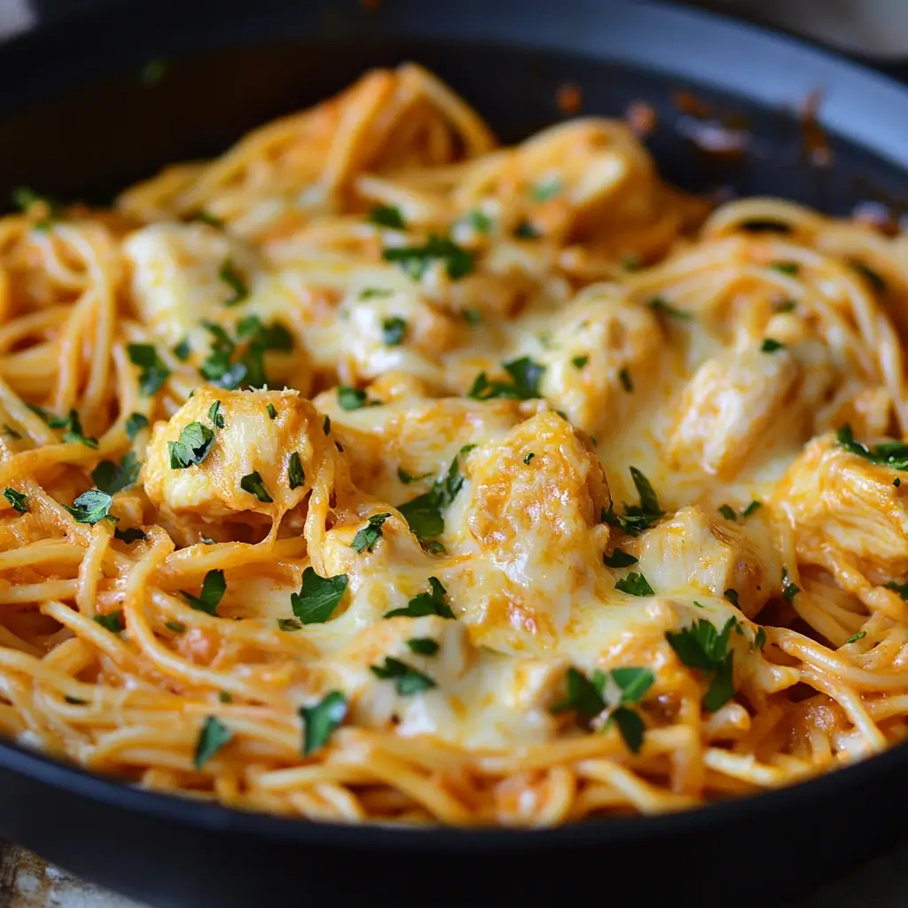 A bowl of cheesy chicken spaghetti with creamy sauce and melted cheese, garnished for a delicious look.