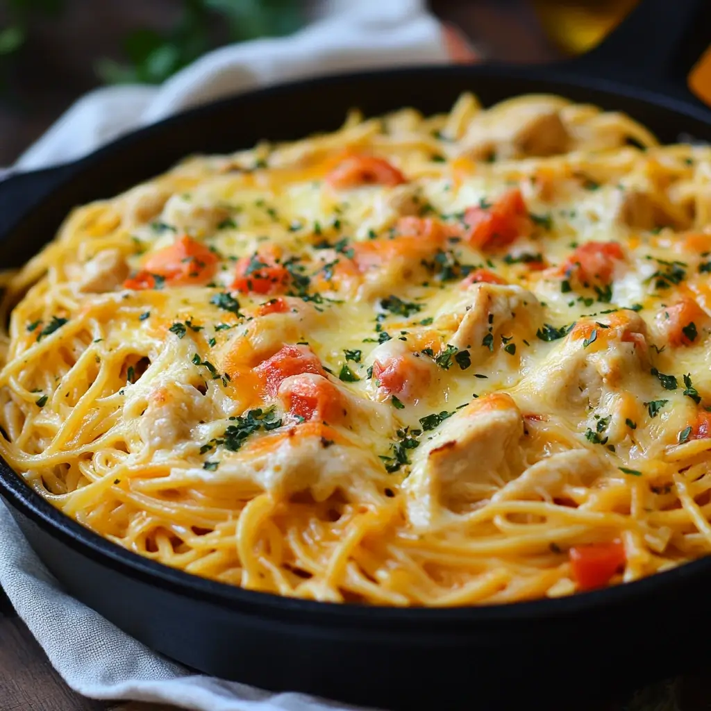 A bowl of cheesy chicken spaghetti with a creamy sauce and a generous topping of melted cheese.
