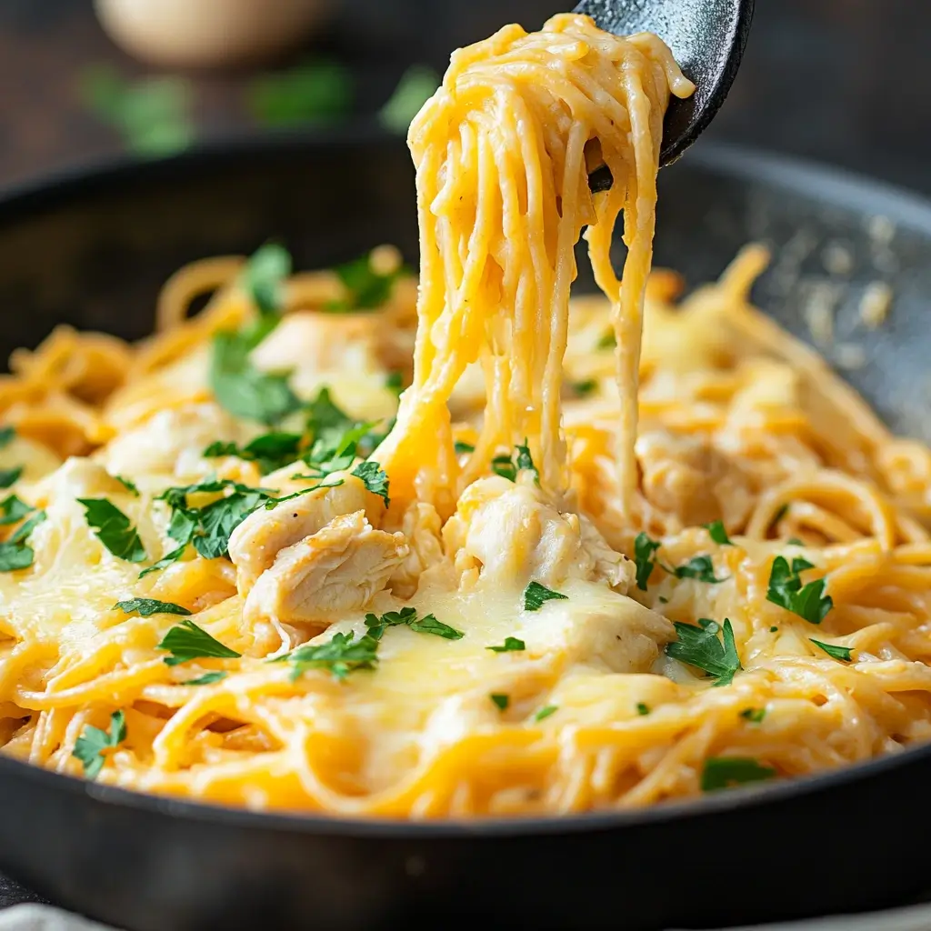 Cheesy Chicken Spaghetti with creamy sauce and melted cheese on top, served in a white bowl.