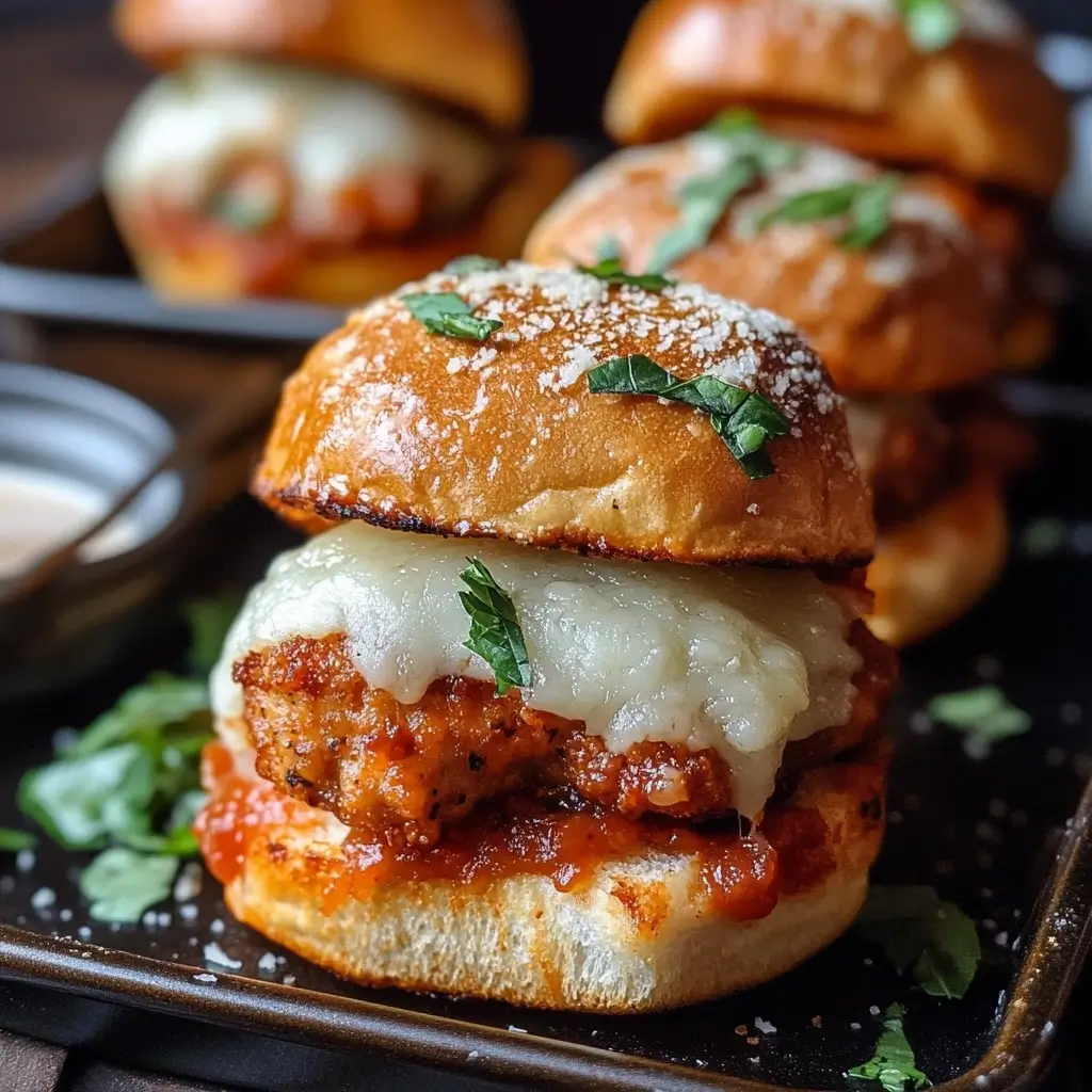 Tasty Chicken Parmesan Slider with crispy chicken, melted cheese, and marinara sauce on a soft bun.