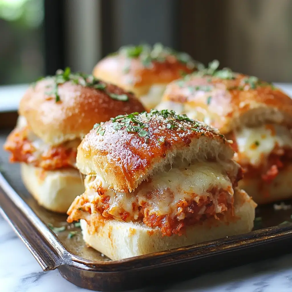 Delicious Chicken Parmesan Slider with crispy chicken, marinara sauce, and melted cheese on a soft bun.