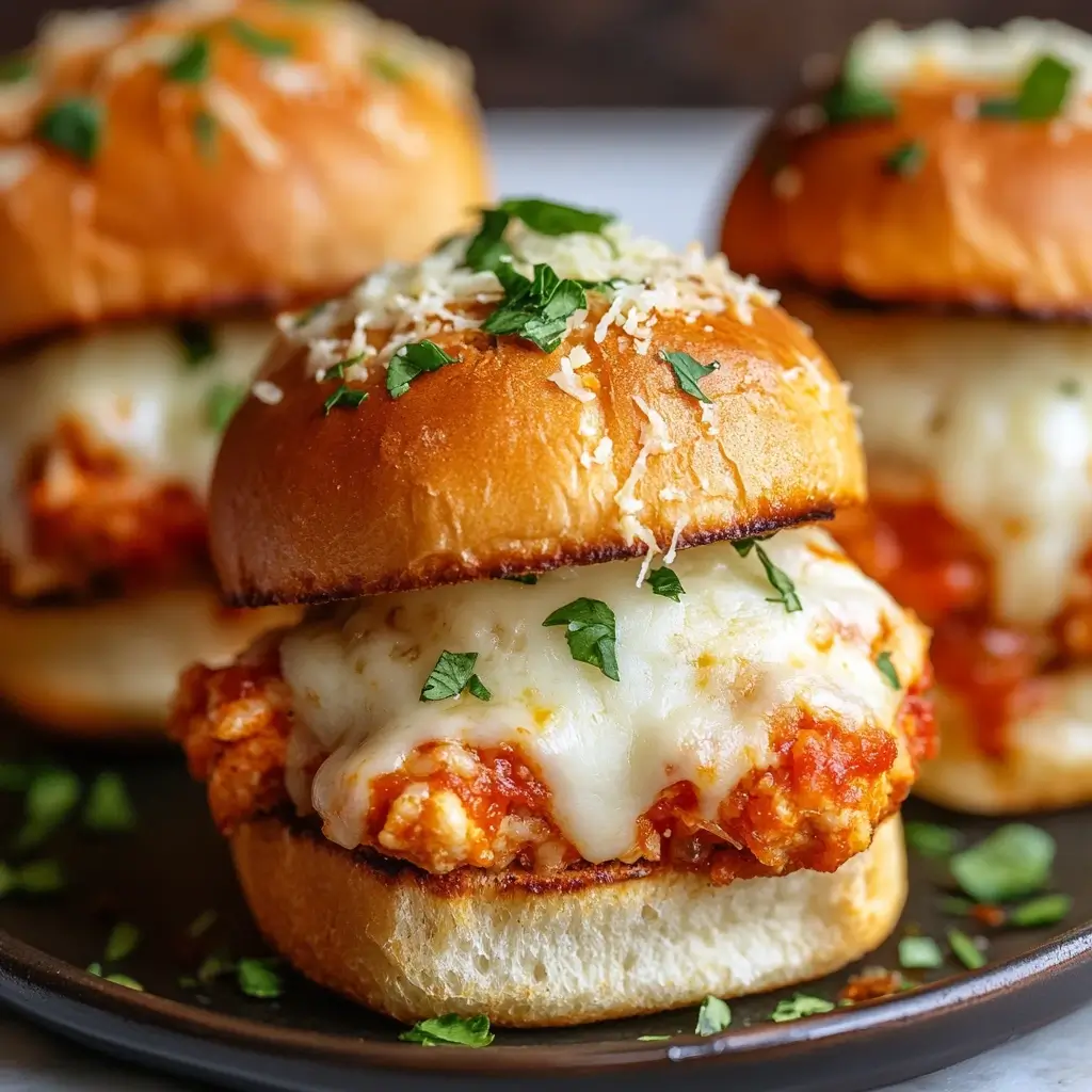 Close-up of a delicious Chicken Parmesan Slider with melted cheese, marinara sauce, and crispy chicken on a soft bun