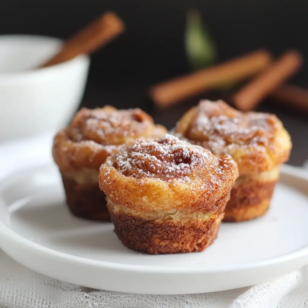A batch of freshly baked cinnamon sugar French toast muffins, golden brown and coated in a sweet cinnamon-sugar mixture, served on a wooden tray