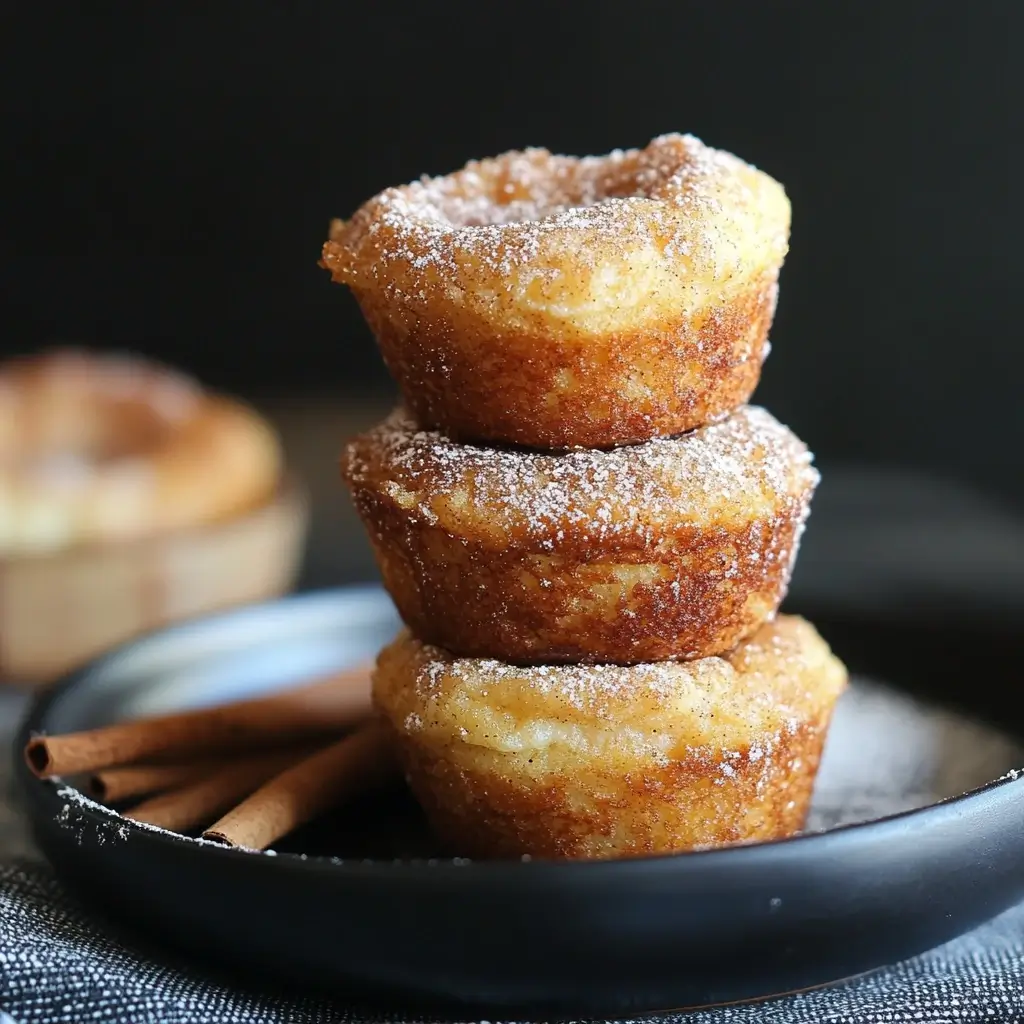 Warm, golden cinnamon sugar French toast muffins coated in a sweet cinnamon-sugar mix, served on a wooden platter.