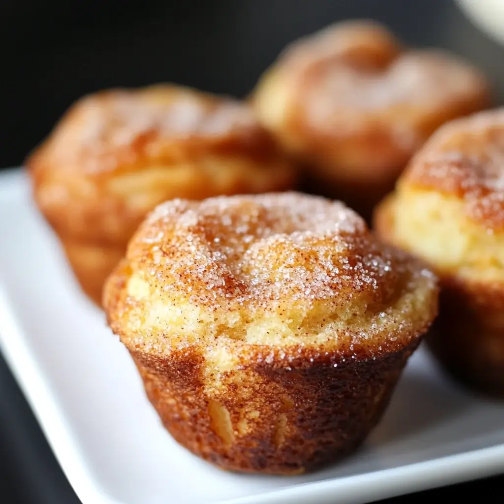 Golden-brown cinnamon sugar French toast muffins, coated in a sweet cinnamon-sugar blend and served on a rustic wooden tray.