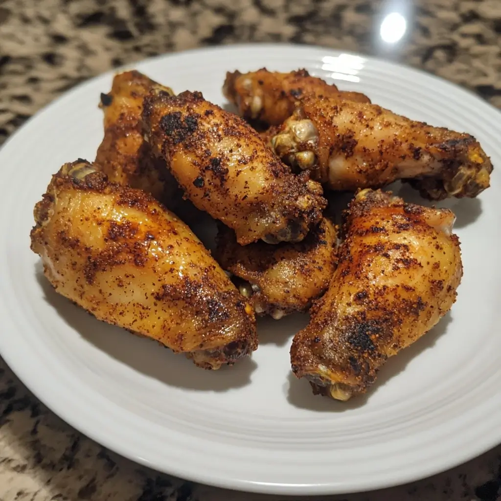 Crispy chicken wings coated in a flavorful spice blend, served on a plate with dipping sauces and fresh celery sticks.