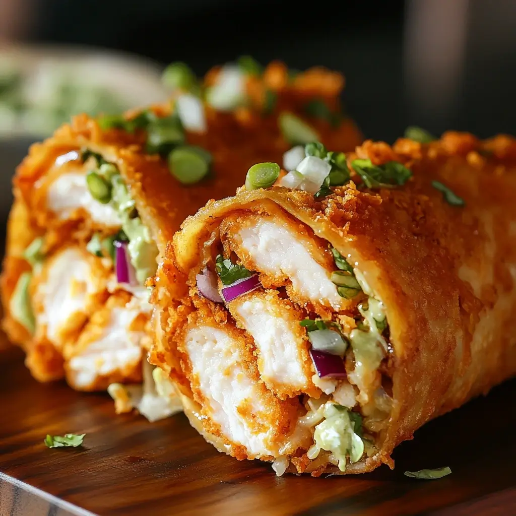 Folded Crispy Chipotle Chicken Wraps with golden tortillas, spicy chipotle chicken, melted cheese, fresh lettuce, and avocado, served on a rustic wooden board.