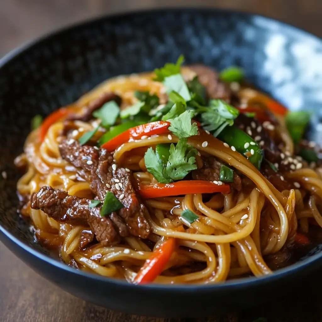 Delicious Hoisin Beef Noodles with tender beef, fresh vegetables, and hoisin sauce.