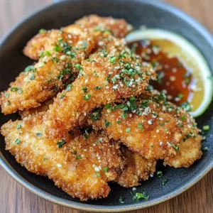 Light and crispy mochiko chicken with a golden-brown coating, served on a plate with sides of steamed rice and vegetables.