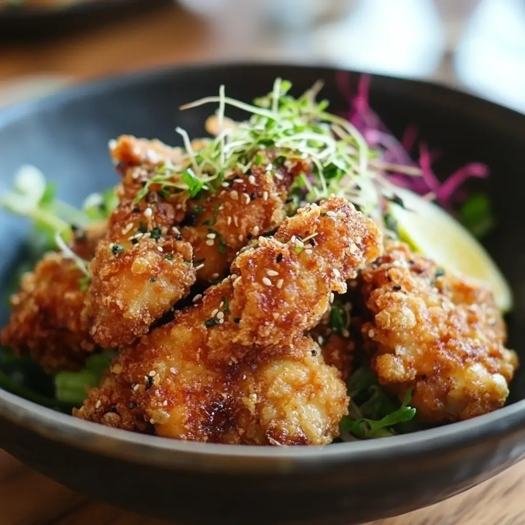 Golden, crispy mochiko chicken pieces coated in sweet rice flour, served alongside a bowl of steamed rice and fresh vegetables.