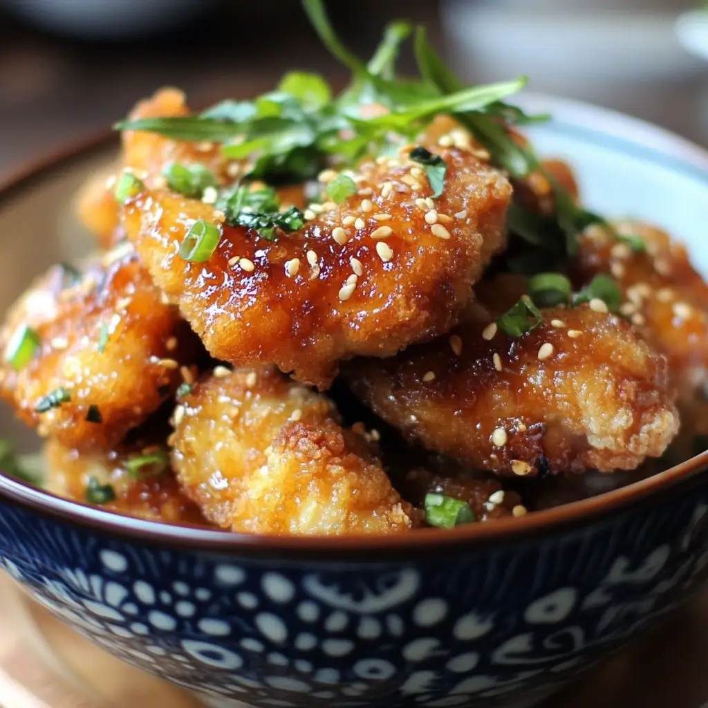 Juicy chicken pieces coated in golden, crispy mochiko flour, served with a side of steamed rice and vibrant vegetables.