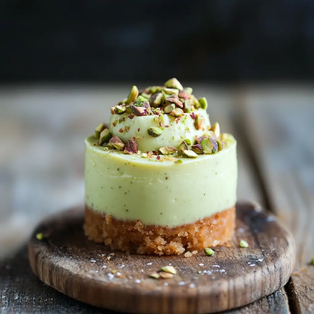 Mini pistachio cheesecake with a smooth, creamy filling, a crunchy crust, and a sprinkle of crushed pistachios.