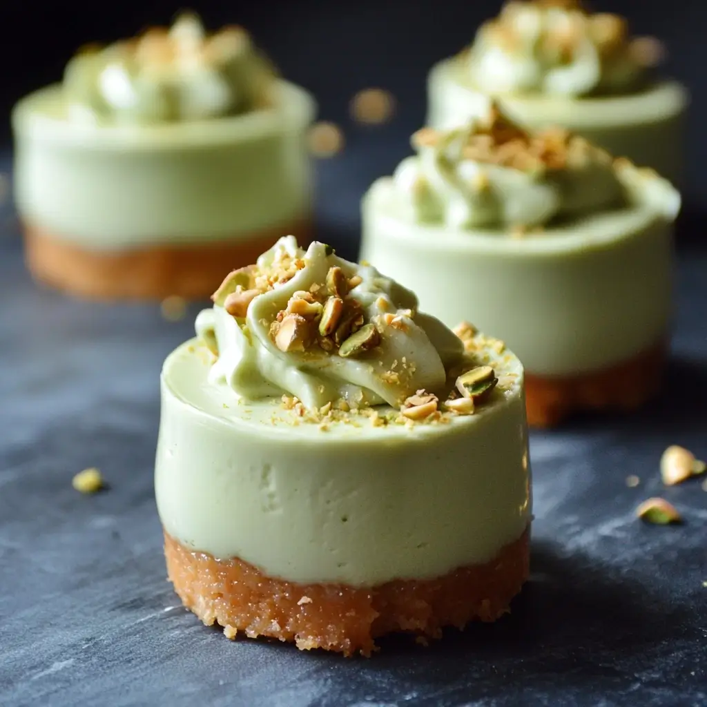 A mini pistachio cheesecake with a smooth, creamy texture, a buttery crust, and a topping of crushed pistachios.