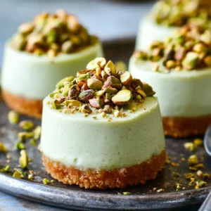 A mini pistachio cheesecake with a creamy green filling, a crunchy crust, and a sprinkle of crushed pistachios on top.