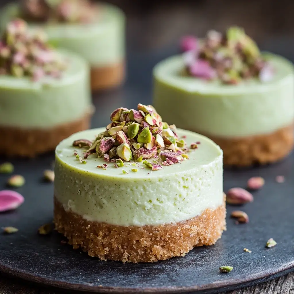 A rich and creamy mini pistachio cheesecake with a golden crust, topped with crushed pistachios.