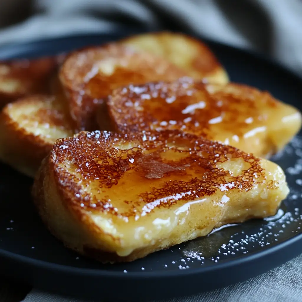 "Slices of brioche bread soaked in custard and arranged neatly in a baking dish, ready to be refrigerated overnight."