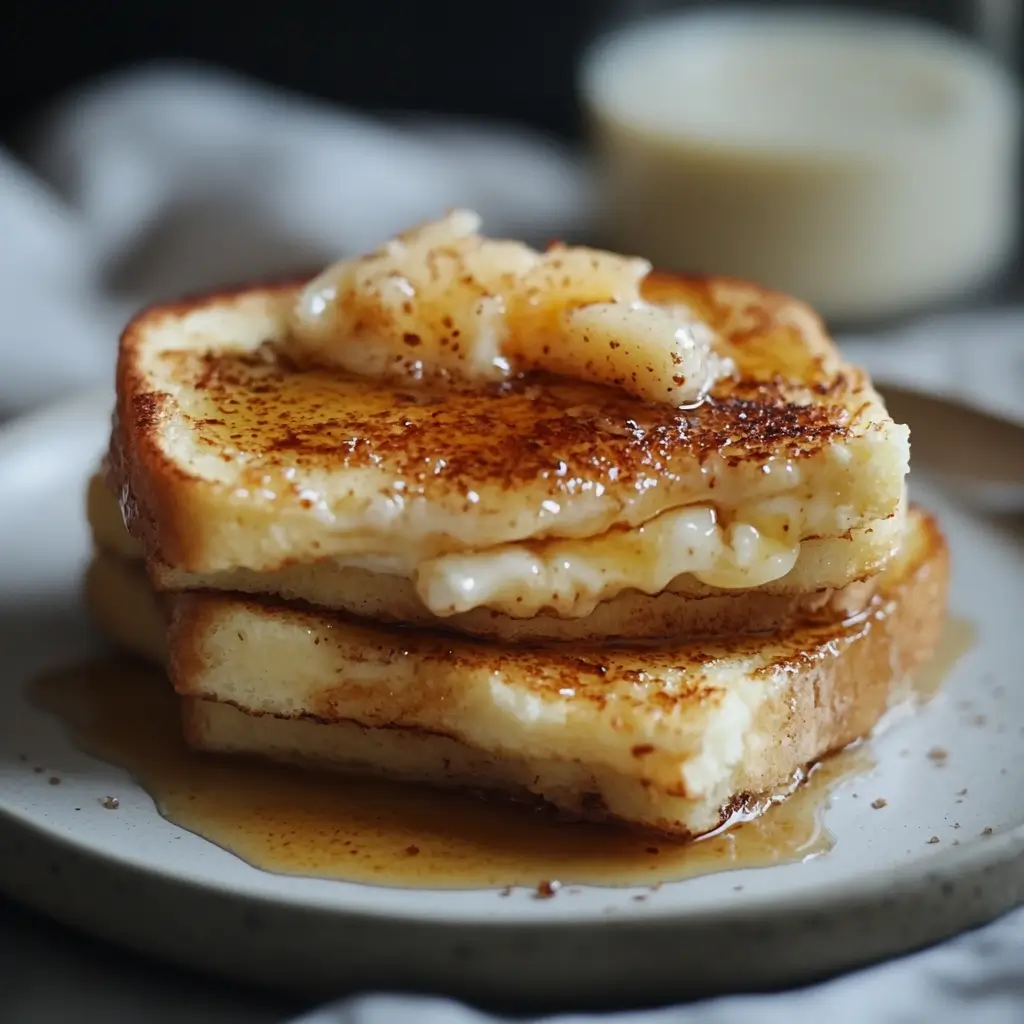 "A slice of cooked French toast under a broiler, with melted brown sugar bubbling and turning amber for a crème brûlée finish."