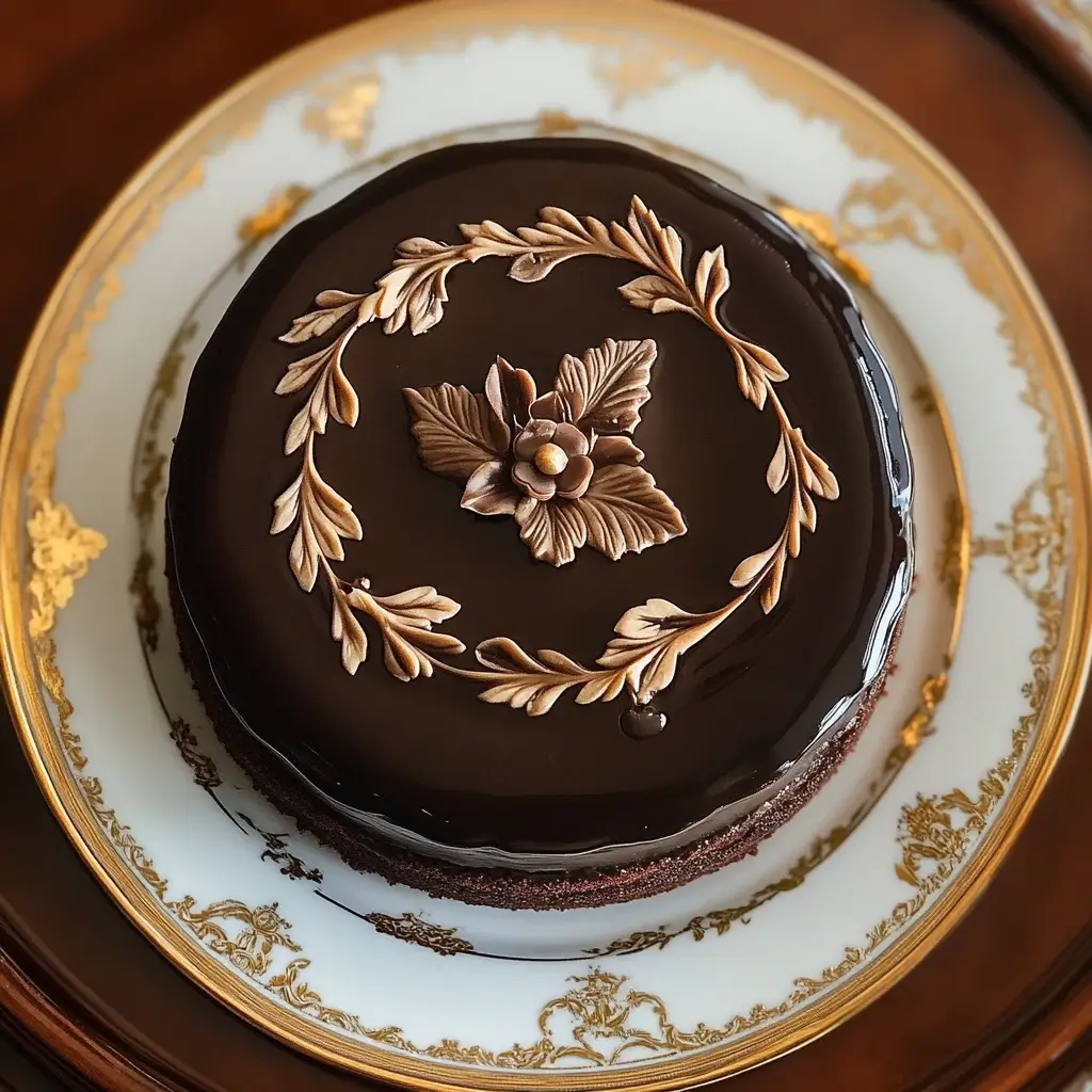 A decadent Sacher Torte with a dark, shimmering chocolate glaze, a hidden layer of apricot jam, and soft chocolate sponge cake, served on a white plate with a side of creamy whipped cream.