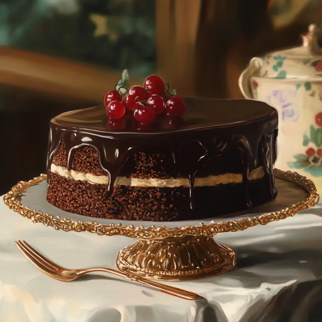 A classic Sacher Torte with a smooth dark chocolate glaze, apricot jam layer, and soft chocolate sponge cake, displayed on a white plate alongside a serving of whipped cream.
